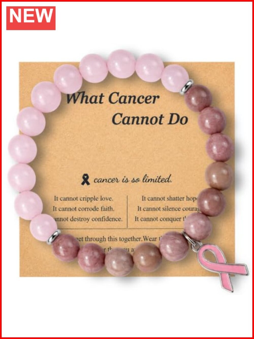 Natural Stone Bead Stretch Bracelet Pink Ribbon Charm Awareness Gift